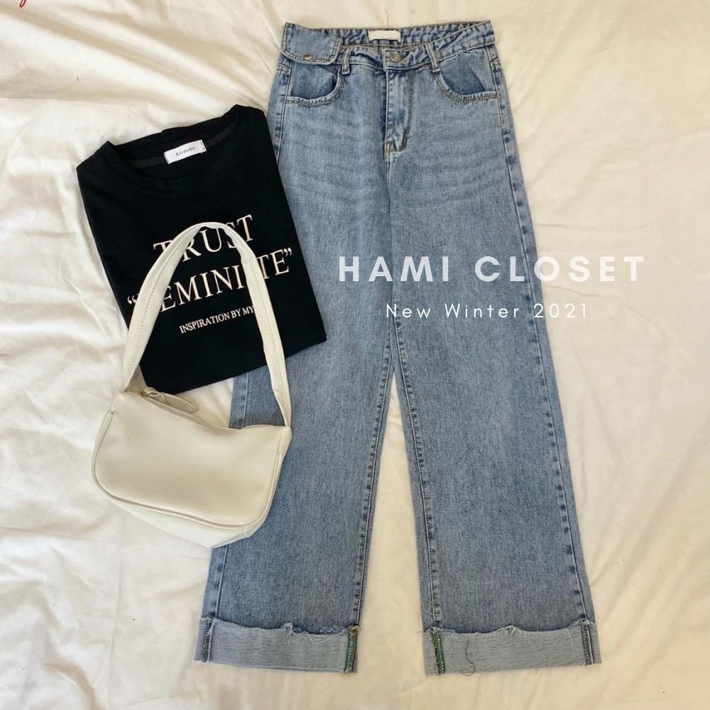 quần jeans ống suông gập gấu form basic