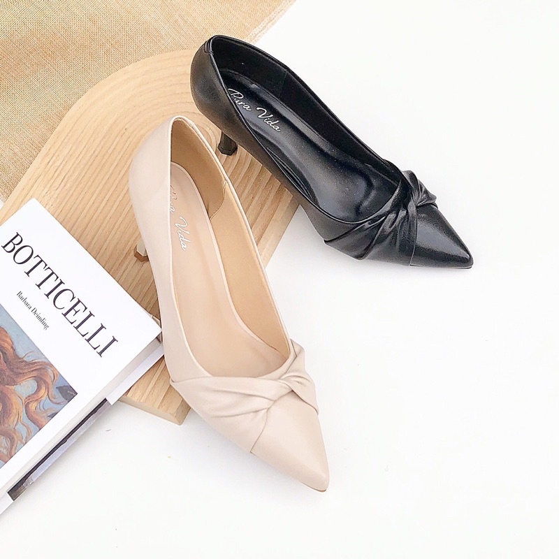 Giày cao gót mũi nhọn phối nơ xoắn thời trang gót nhọn cao 7cm hàng vnxk cao cấp