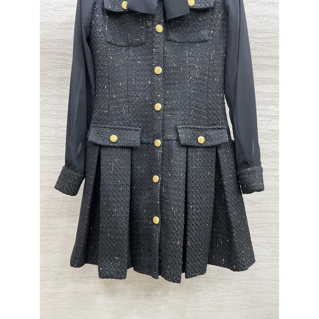 Váy len xếp li dài tay Channel thời trang