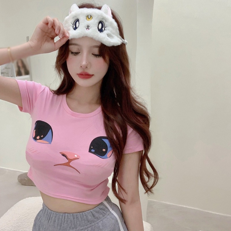 Áo Thun Crop Top Tay Ngắn Cổ Tròn In Họa Tiết Hoạt Hình Phong Cách Đường Phố Thời Trang Mùa Hè Dành Cho Nữ