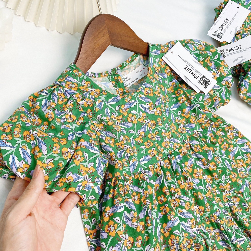 Váy đầm Zara tay bồng babydoll xanh lá cây hoa nhí cho bé gái cho trẻ em từ 18m đến 6 tuổi