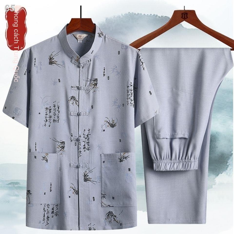 Trung niên và người cao tuổi cotton linen ngắn tay phù hợp với nam giới mùa hè rộng rãi cỡ lớn quần áo phong các