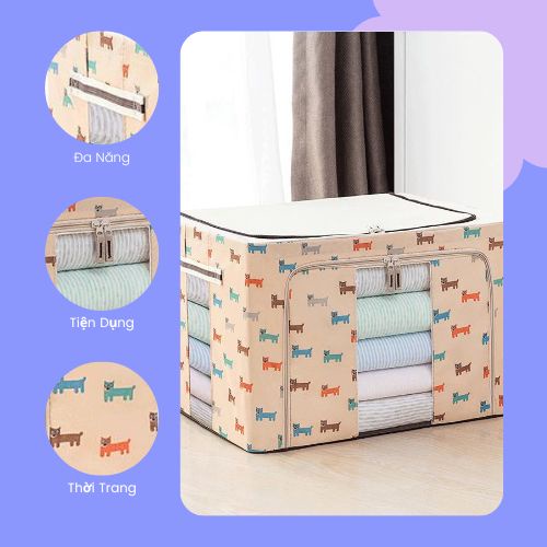 Hộp Vải Khung Thép Đựng Quần áo Chăn Màn Đồ Chơi Trẻ Em Có thể gấp gọn Sắp xếp Tủ Quần áo Gọn Gàng Cỡ Lớn 72L