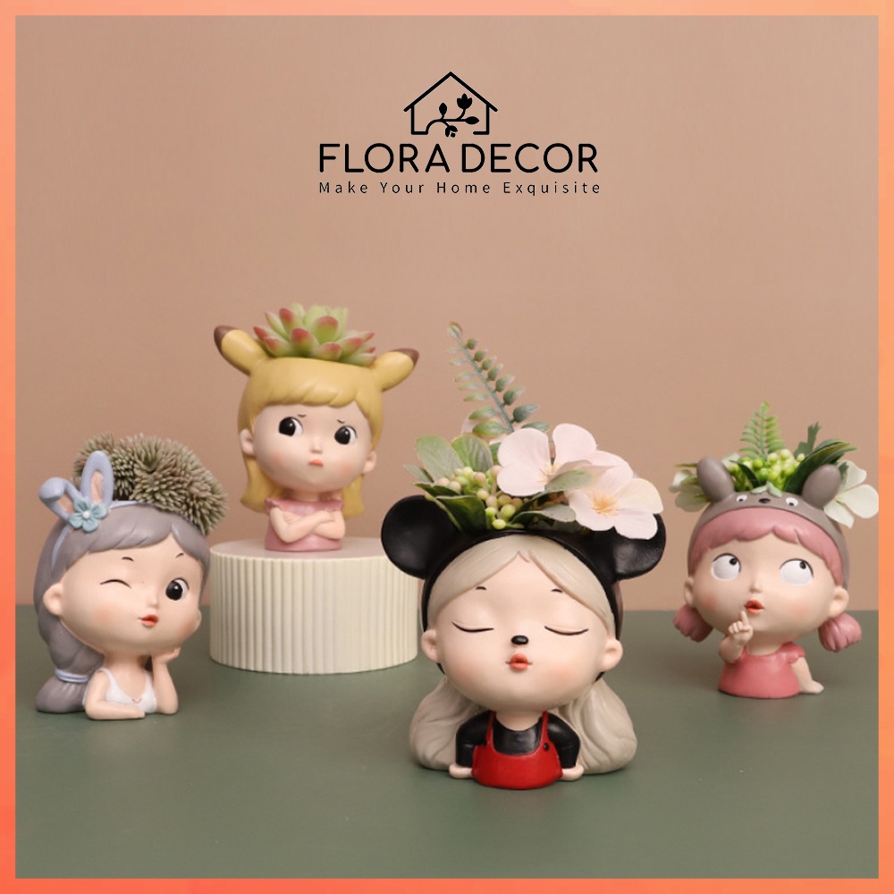 Lọ, chậu trồng sen đá hoạt hình flora Decor đáng yêu chất liệu gốm resin cao cấp