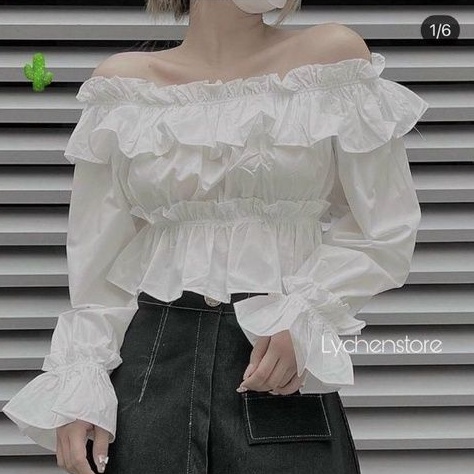 Áo bẹt vai nhún phối bèo nhiều tầng TV2 - from chuẩn