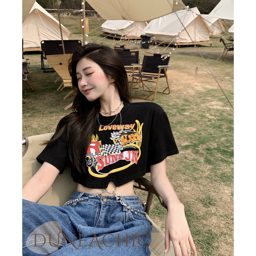 DUNEA Áo Thun Tay Ngắn Màu Đen Phối Dây Xích Phong Cách Retro Cho Nữ