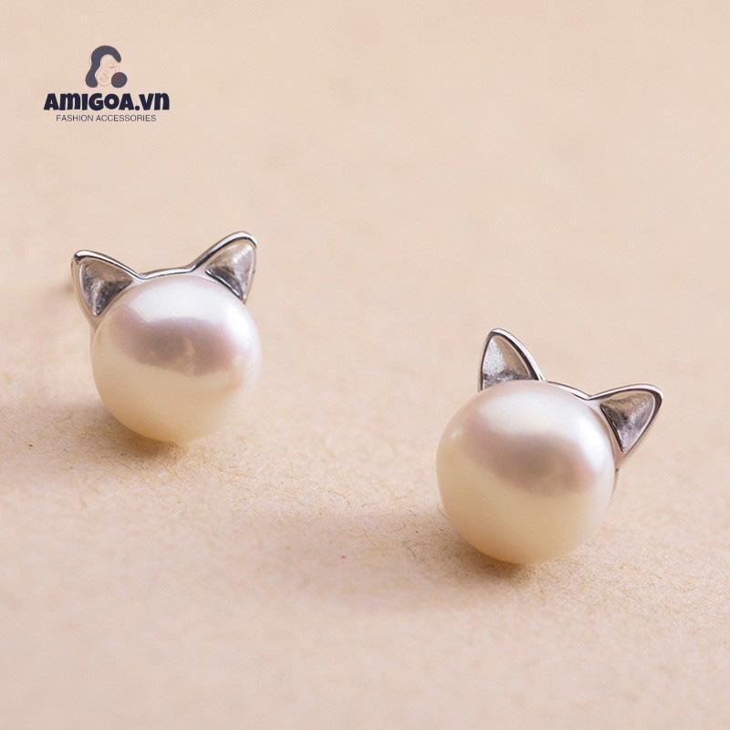 ✨✨Khuyên Tai Bạc 925 Hình Tai Mèo Đính Ngọc Trai Dễ Thương Cho Nữ