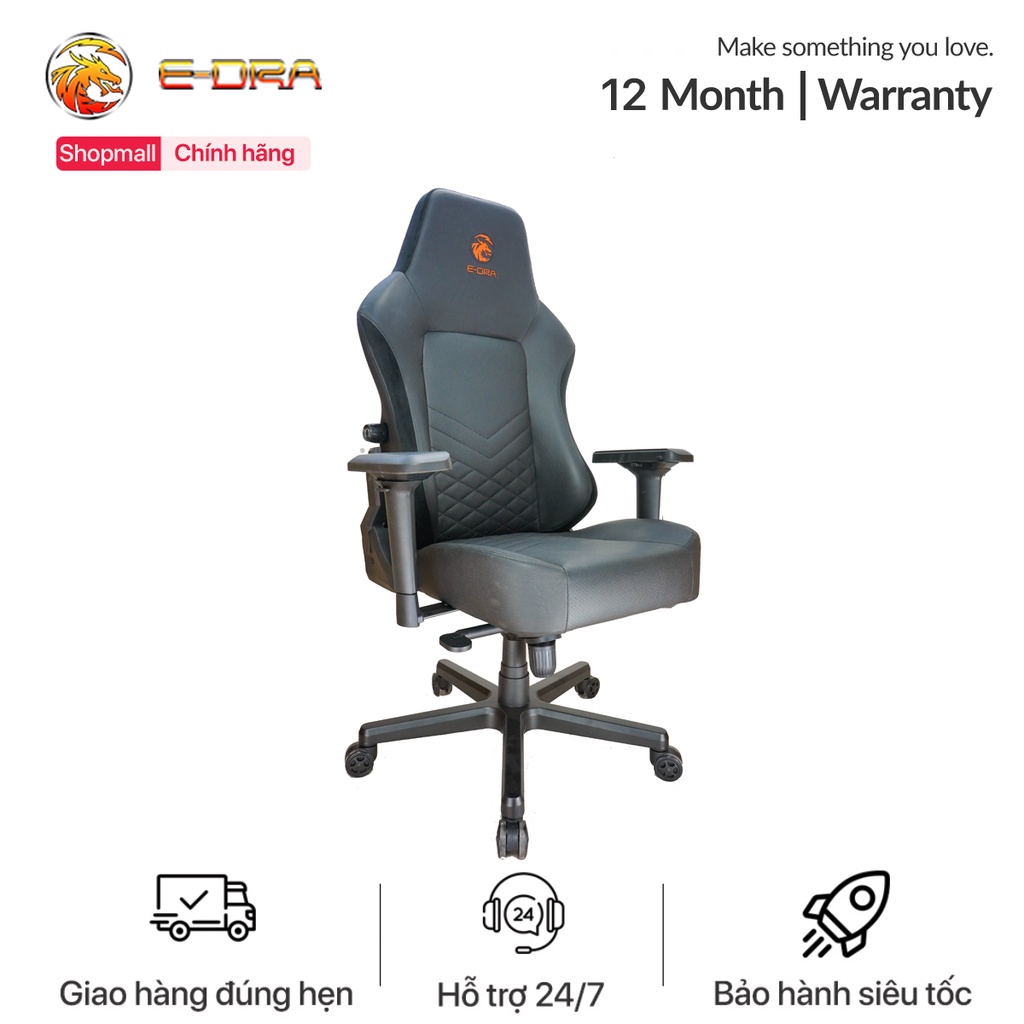 Ghế chơi game cao cấp E-dra Champion EGC2022 Lux Black - Da thật, đệm đúc nguyên khối - Kê tay 4D - Núm vặn chỉnh lưng