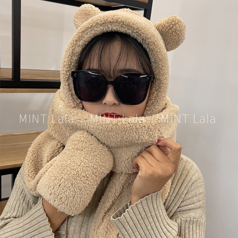Mũ Bông Mũ Lông Cừu Tai Gấu Kèm Khăn Và Găng Tay Jennie 3in1 - Loại Dày