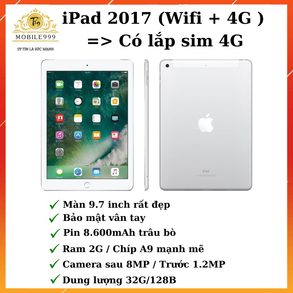 Máy Tính Bảng IPad Gen 5 (2017) (Wifi + 4G) 32GB /128GB Chính Hãng - Zin Đẹp 99% - Màn đẹp - Pin trâu - MOBILE999