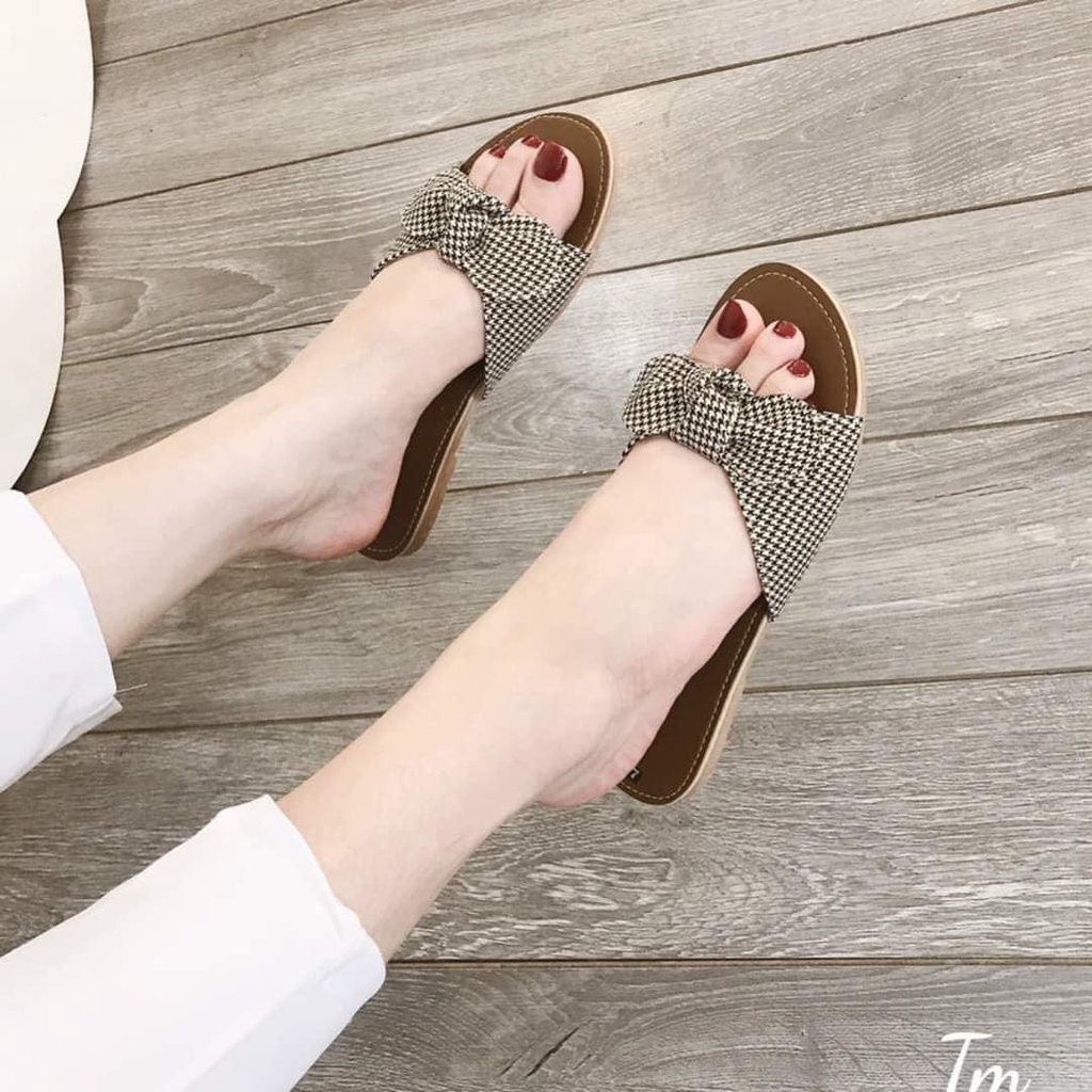 Dép lê nữ nơ karo Vitage chất liệu lụa mềm êm chân