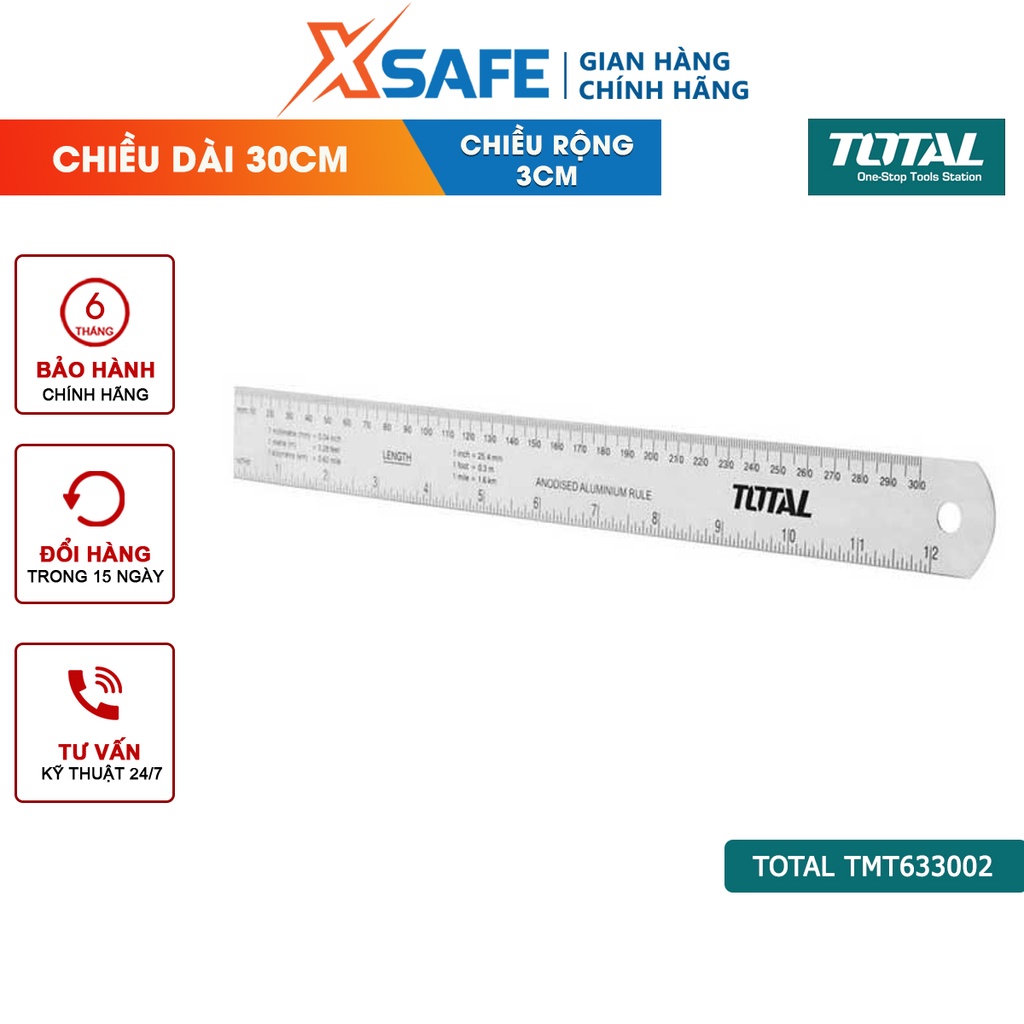 [Thực tế màu xanh] Thước đo TOTAL TMT633002 dài 30cm, rộng 3cm, nhôm anodized chịu lực, chịu nhiệt tốt - chính hãng