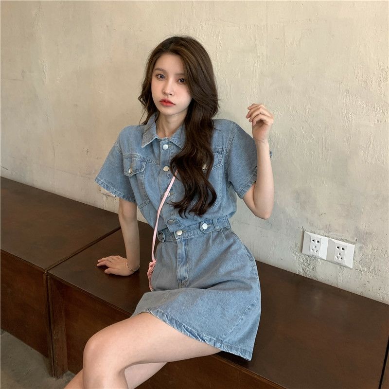 Đầm Denim Cổ POLO Nhấn Eo Dáng Chữ a Phong Cách Retro Hàn Quốc Thời Trang Mùa Hè Cho Nữ