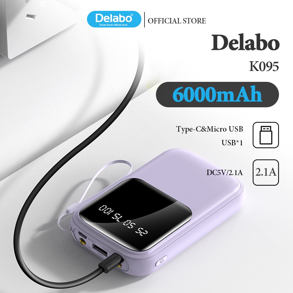 Pin sạc dự phòng nhỏ gọn Delabo 6000 mah thiết kế sáng tạo màn hình kỹ thuật số có đèn chiếu sáng