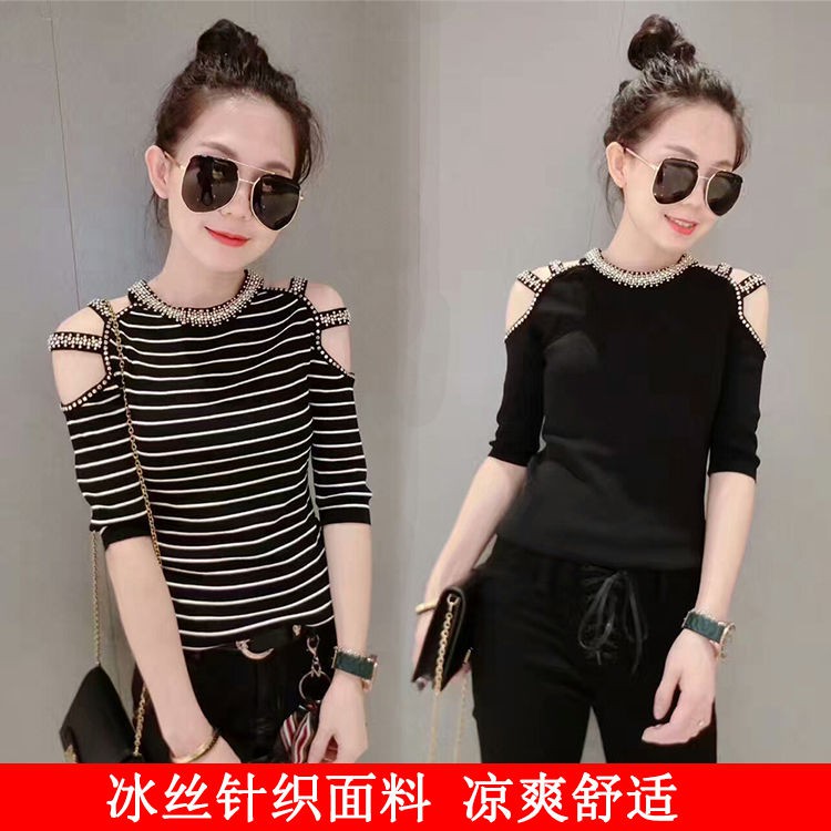 [WACB25 - giảm 25k đơn 99k]Áo thun tay lửng đính hạt cườm xinh xắn thời trang cho nữ