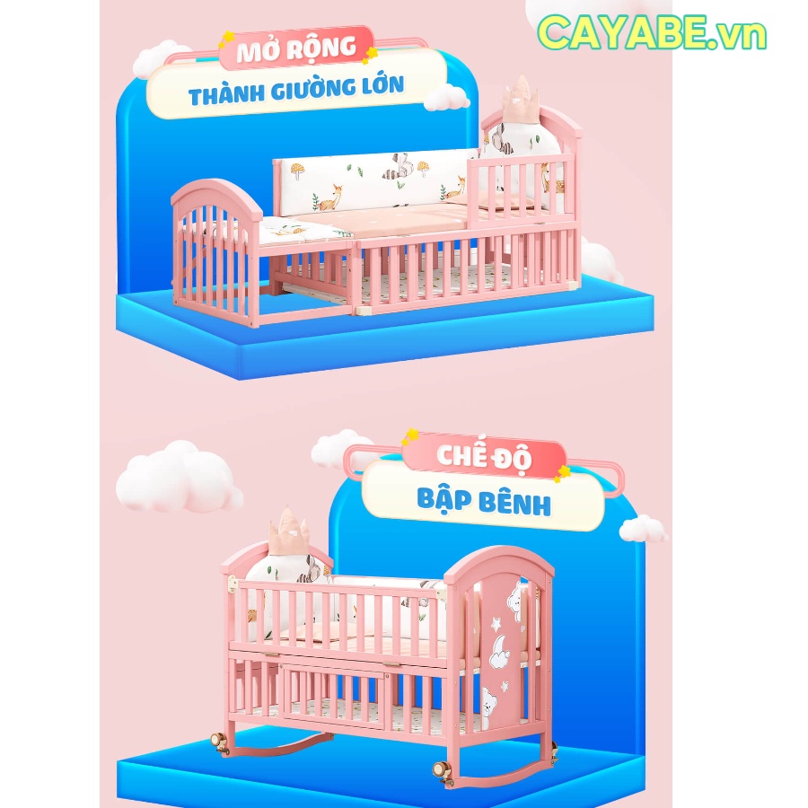 Nôi cũi gỗ cho bé đa năng CHILUX PEACE gấu con Teddy Bear 6 trong 1 màu hồng, giường cũi em bé sơ sinh gấp gọn