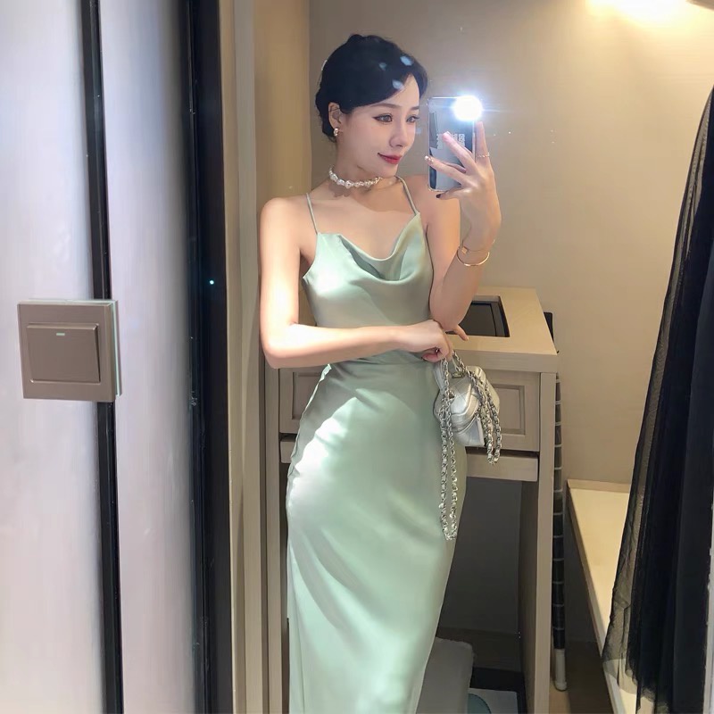 Đầm midi lụa satin xanh ngọc dây cổ đỗ đan dây hở lưng gợi cảm Dayu