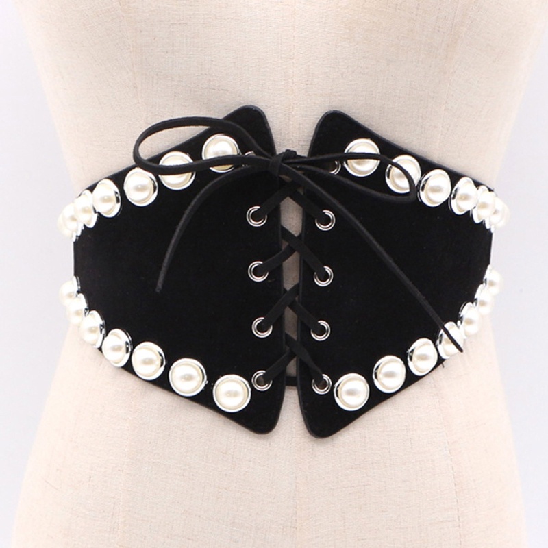 Thắt Lưng Nhung Bản Rộng Co Giãn Đính Ngọc Trai Thời Trang Cho Nữ