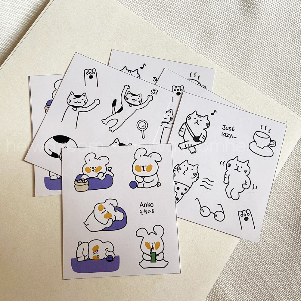 Sticker  dán hình mèo con dễ thương cùng người bạn Anko ham ngủ, ham ăn trang trí sổ tay theo phong cách Hàn Quốc