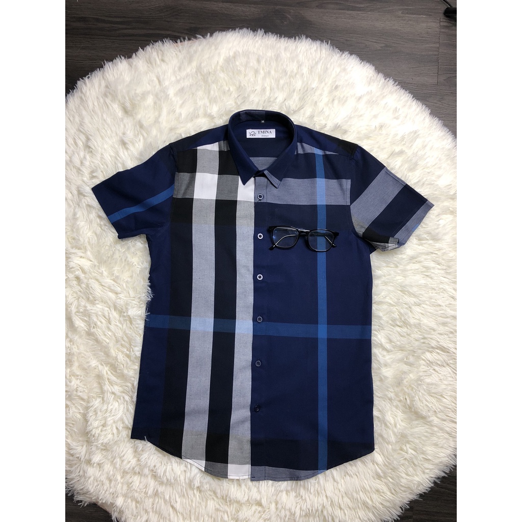 Áo sơ mi nam ngắn tay áo sơ mi BBR họa tiết kẻ to 100% cotton xịn màu tím than