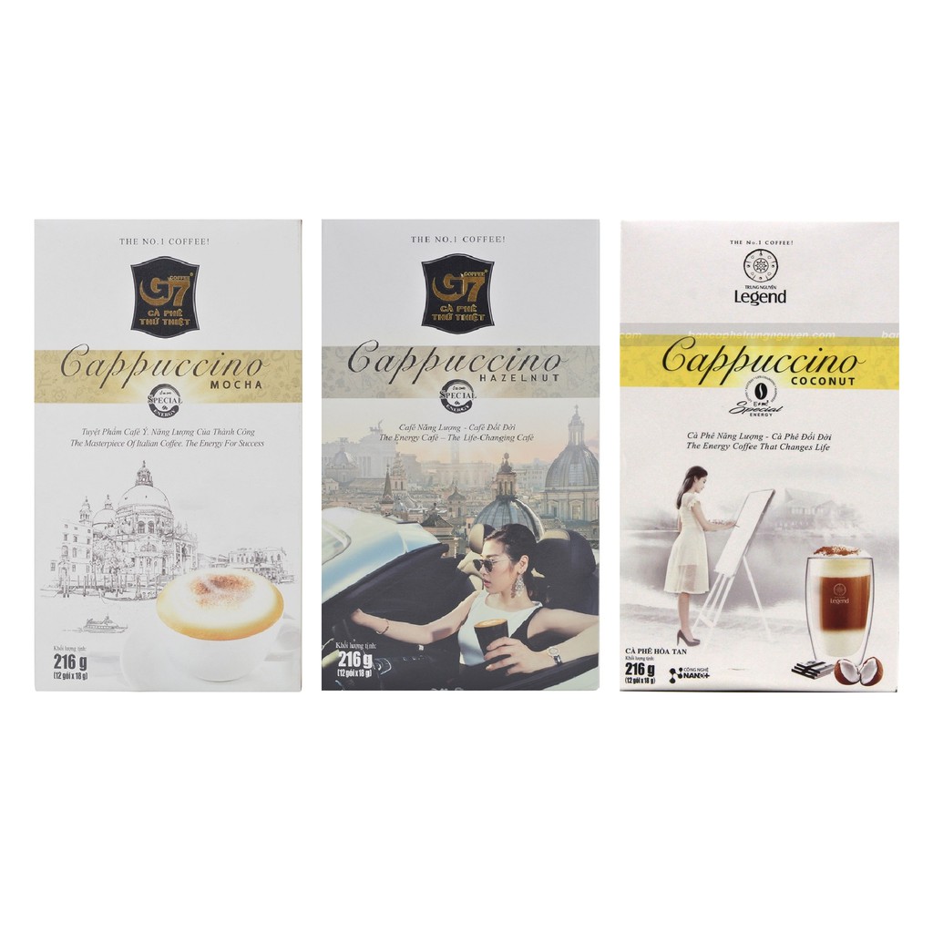 Cà phê Cappuccino Trung Nguyên Mocha - Hazelnut - Coconut Hộp 12 gói