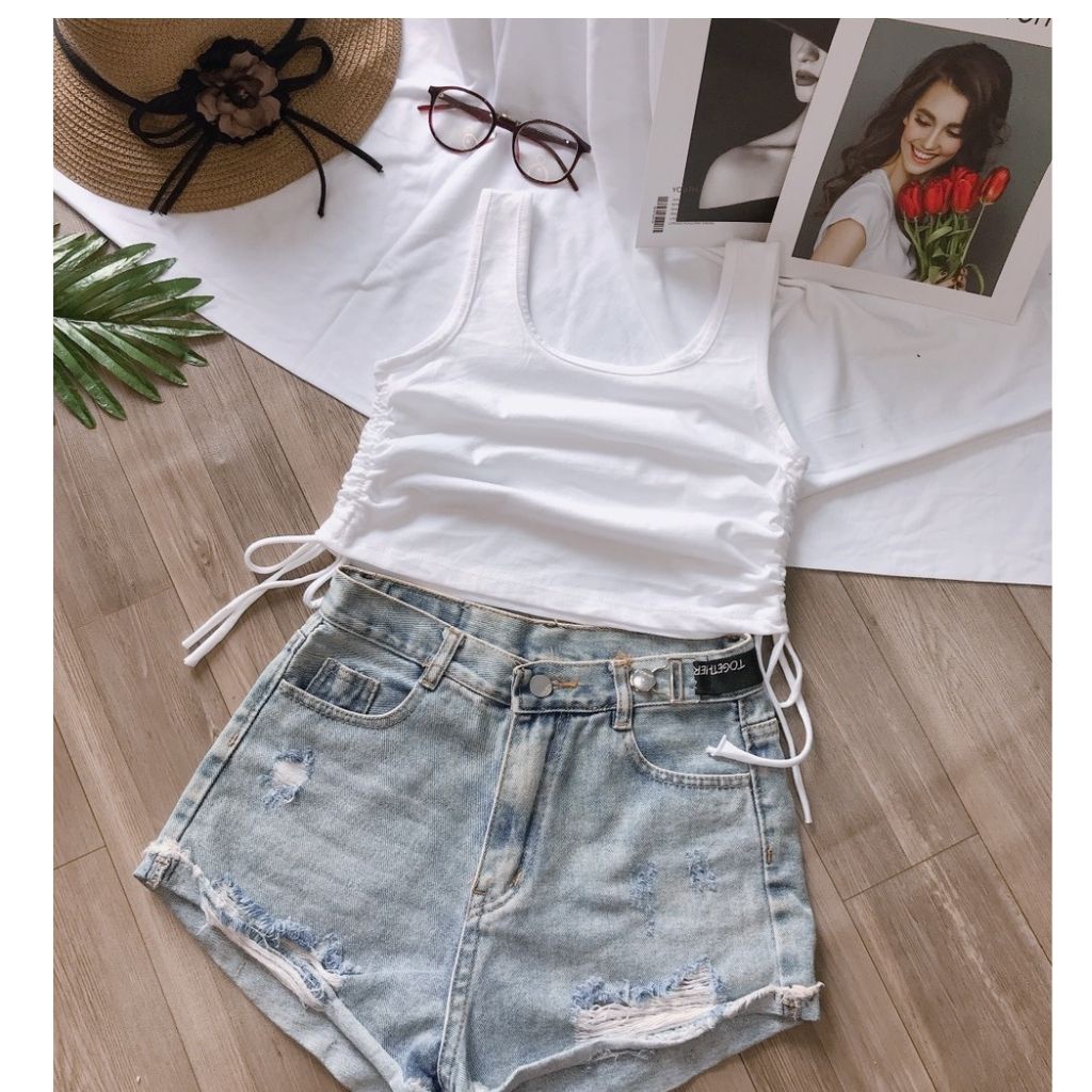 Aó Croptop Nữ -Aó Thun Croptop Ba Lỗ Rút Dây Eo - 6 Màu Hot Trend-HT.STORE