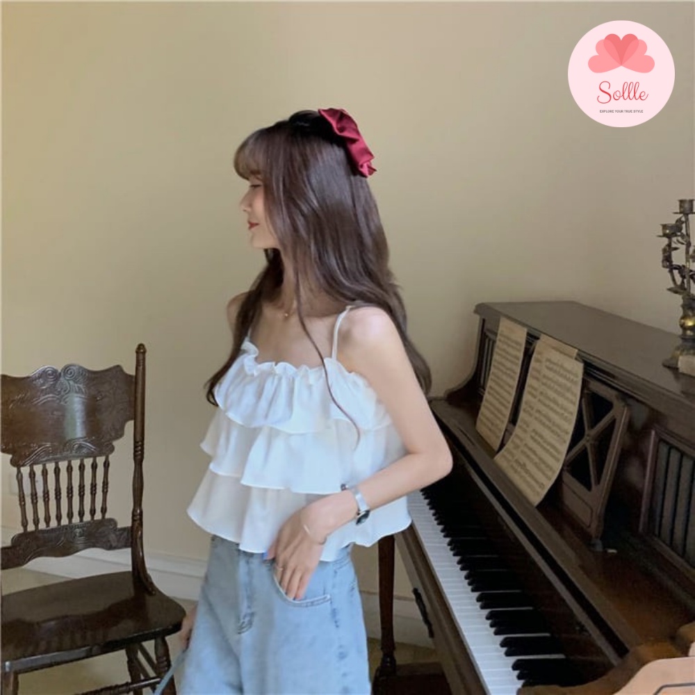 Áo nữ 2 dây viền bèo 3 tầng chất đũi mát ulzzang 2 màu trắng đen mùa hè Hàn Quốc Sollle