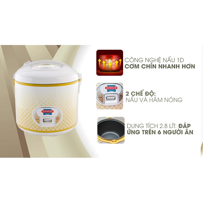 Nồi Cơm Điện SUNHOUSE SH830 900W ( Dung Tích 2.8L ), Dành cho 6-8 Người Ăn