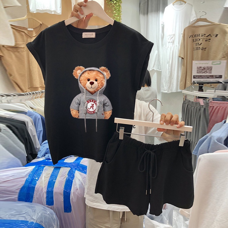 Set Đồ Thể Thao Gồm Áo Cotton Sát Nách Dáng Rộng In Hoạ Tiết Hoạt Hình + Quần Short Phong Cách Hàn Quốc