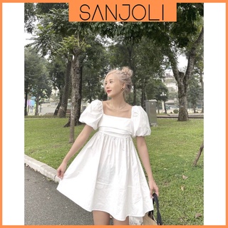 Váy Babydoll Cổ Vuông SANJOLI Đầm Đi Biển Chất Thô Nơ Sau Tay Phồng Xòe Nhẹ Xếp Ly 5 Màu Siêu Xinh VD071