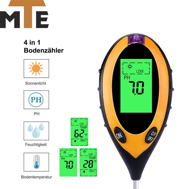 Máy đo PH, độ ẩm của đất, đo nhiệt độ, cường độ ánh sáng môi trường hiển thị LCD- KÈM PIN