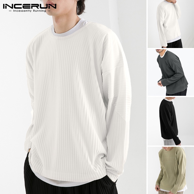 Áo thun INCERUN xếp ly màu trơn tay dài cổ tròn thời trang nam