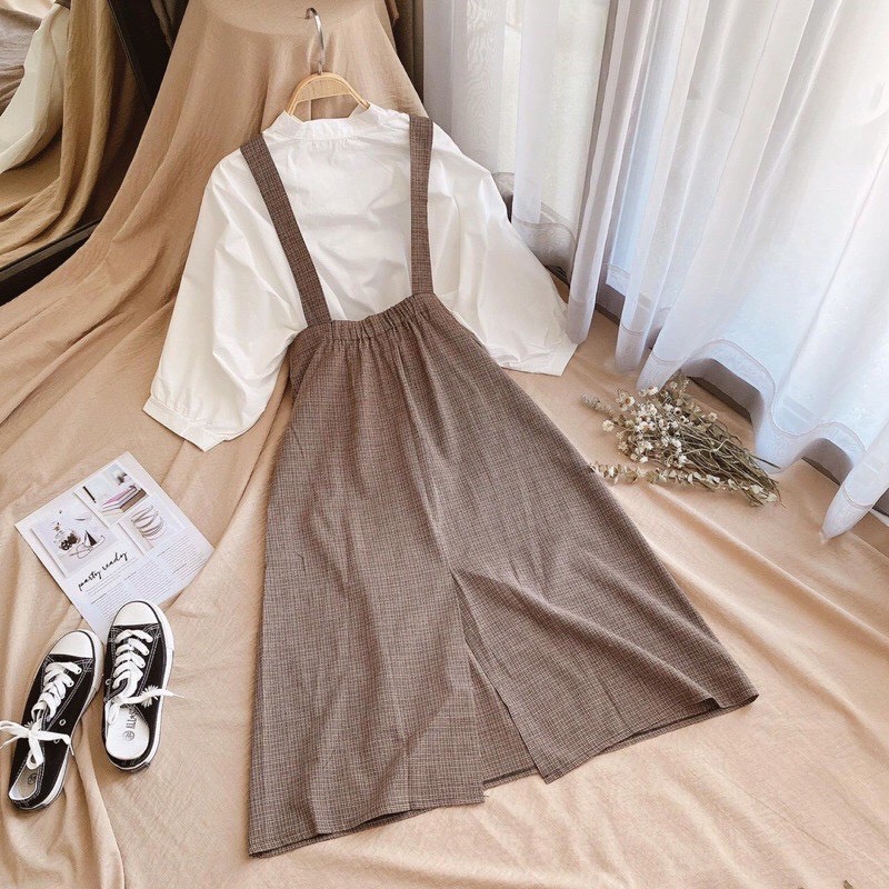 Set yếm 2 dây bản to dáng suông kèm áo sơ mi tay bồng tiểu thư phom rộng ulzzang | BigBuy360 - bigbuy360.vn