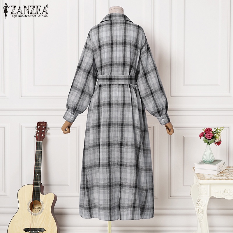 Đầm ZANZEA tay dài dáng rộng cổ mép lật họa tiết caro phong cách Hàn Quốc dành cho nữ