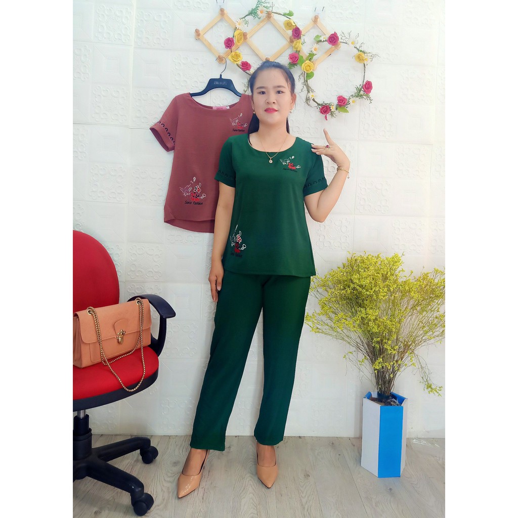 Đồ Bộ Mặc Nhà Cho Mẹ Đồ bộ trung niên ống nhỏ Vải Đũi thêu Hoa CB02