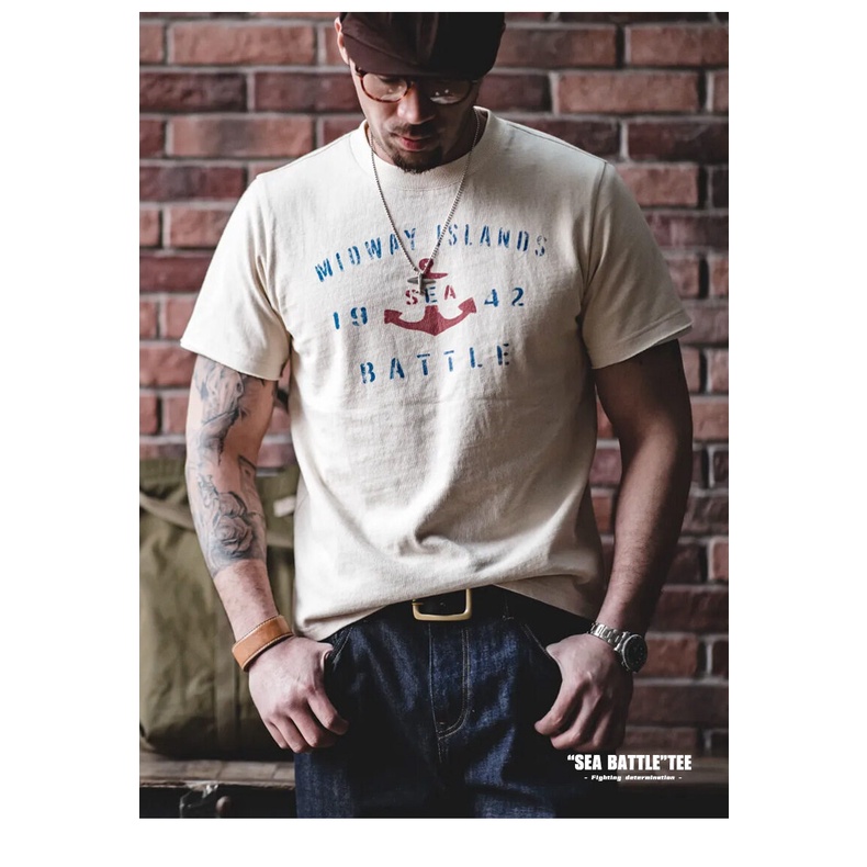 Áo thun MADEN  cotton cổ tròn ngắn tay in hình mỏ neo phong cách Nhật Bản retro thời trang hè 2022 cho nam