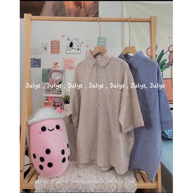 [SIEU SALE] Sơ mi kẻ tay lỡ cổ sơ mi 2 màu be-xanh (hàng có sẵn) | BigBuy360 - bigbuy360.vn