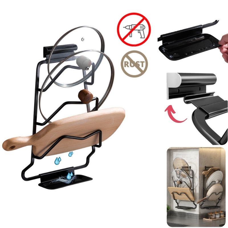 Kệ để nắp nồi xoong vung,giá nhà bếp treo dán tường SNN01 kèm khay hứng nước nhôm