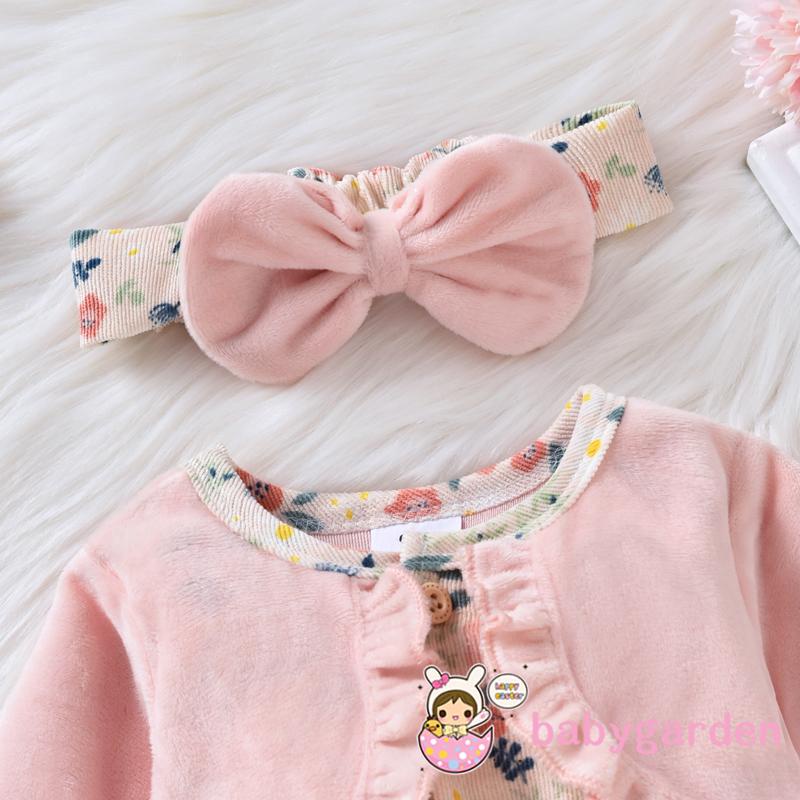 Bộ áo liền quần tay dài in họa tiết hoa + băng đô đính nơ xinh xắn cho bé gái