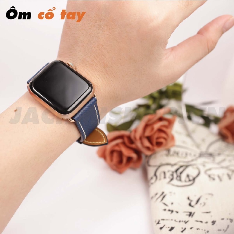 [BẢO HÀNH 1 NĂM] Dây Da EPSOM may tay thủ công màu Xanh Navy chỉ Trắng khóa Bướm cho Apple Watch series 1/2/3/4/5/6/7