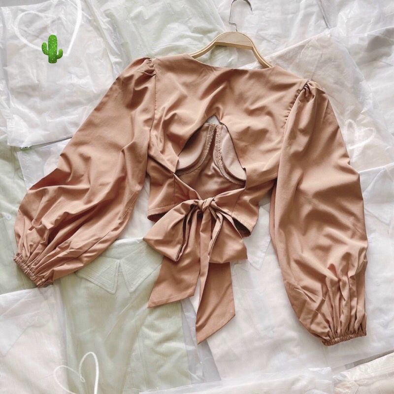 Áo kiểu cổ U tay phồng nơ lưng sau( Có mod ngực) siêu đẹp cao cấp