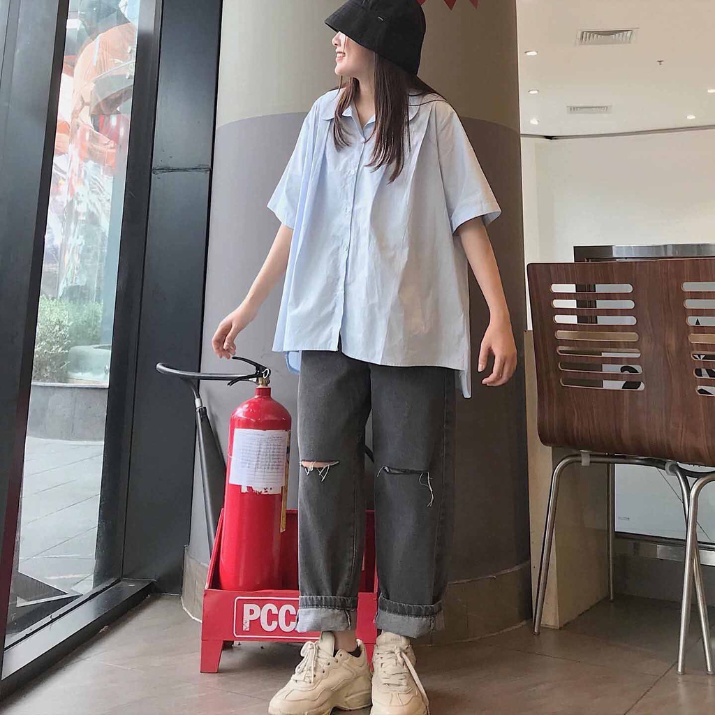 Áo Sơ Mi Nữ Tay Ngắn Sơ Mi Form Rộng Thiết Kế Basic Dễ Phối Đồ Thoải Mái Thấm Hút Mồ Hôi 4 Màu Xanh Trắng Đen Be UA 1731