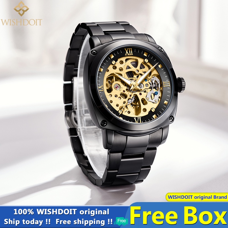 Đồng hồ cơ WISHDOIT tự động màu vàng kim dây đeo thép không gỉ phong cách doanh nhân chống nước cho nam