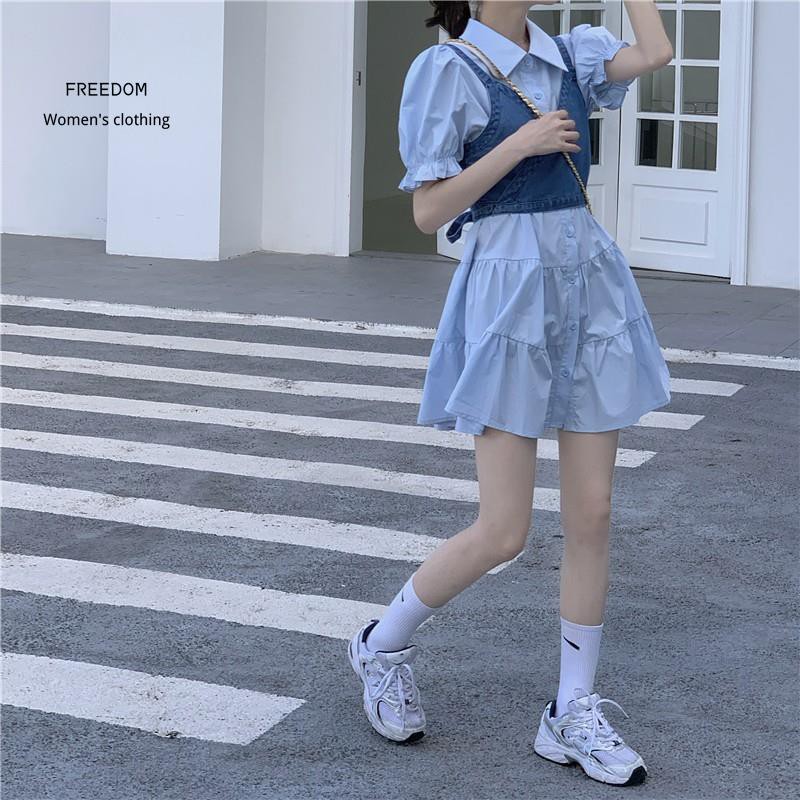 FREEDOM  Đầm tay phồng / Áo hai dây vải denim kiểu retro xinh xắn cho bạn gái