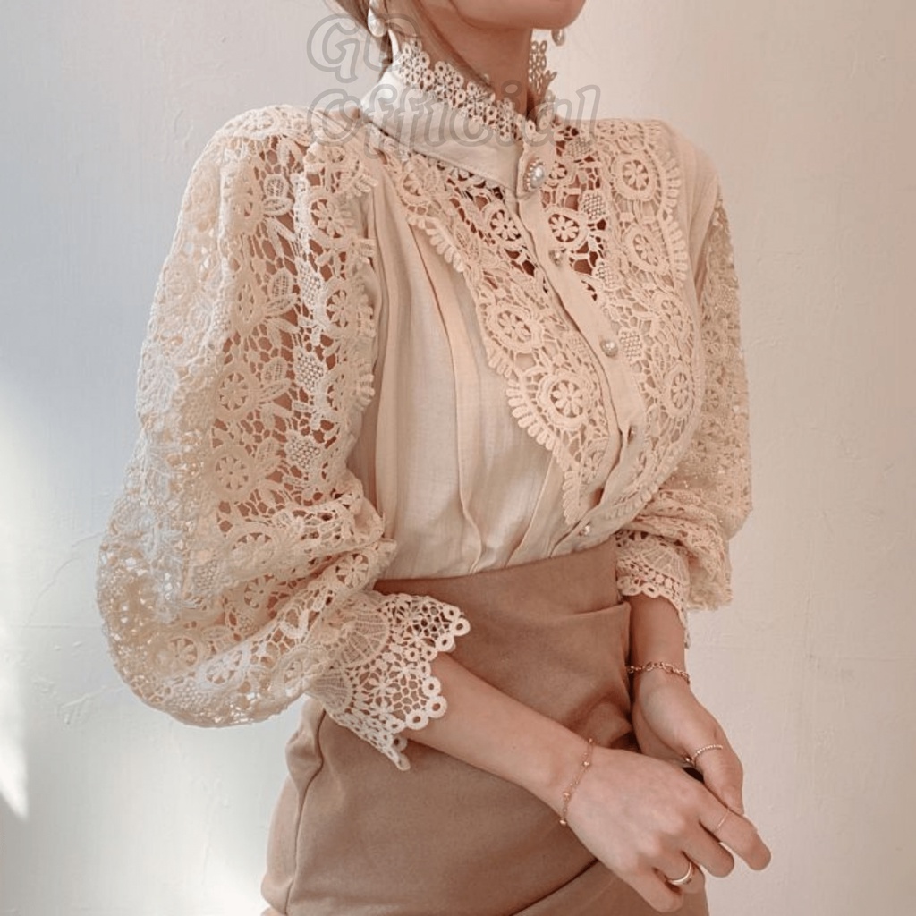 A11|Áo sơ mi sang trọng chất cotton phối ren tinh tế cho nữ khóa cài nút tinh tế dài tay màu trắng, be, đen GD Official