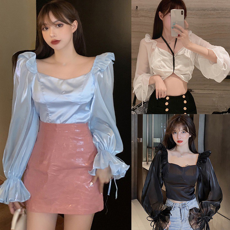 Áo Nữ Tay Dài Cổ Vuông Thời Trang Quyến Rũ Nữ Tính