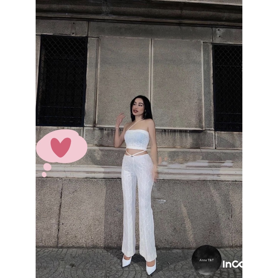 Sét đồ bộ nữ gân nổi 3 màu sang trọng áo dây chéo kèm quần tôn dáng cá tính