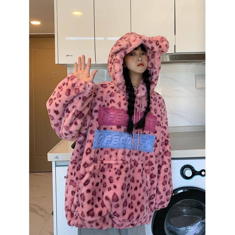 Áo hoodie chất liệu len dày dặn ấm áp in họa tiết da báo dễ thương cho nữ