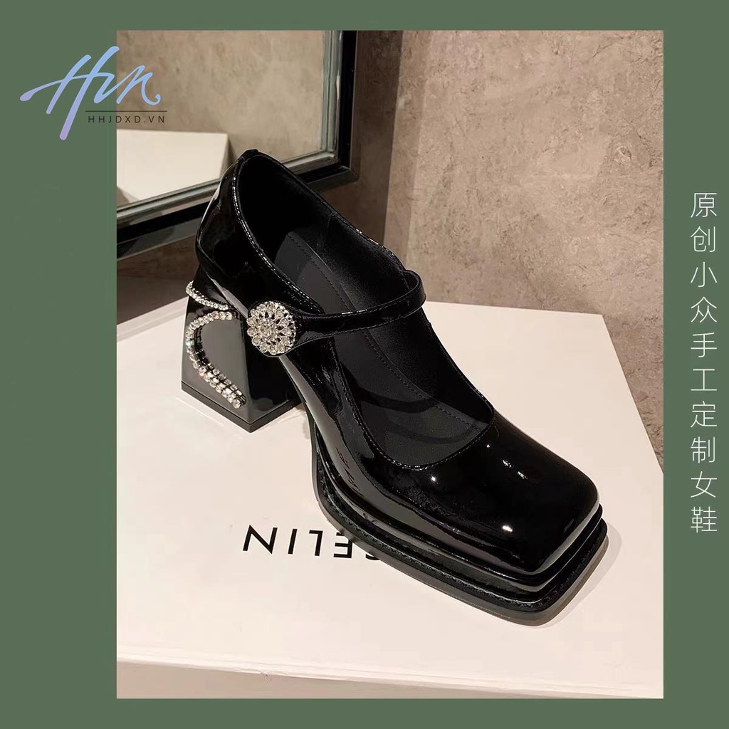 Giày Cao Gót 9CM Đế Dày 9CM Mũi Vuông Đính Đá Kiểu Pháp 2022 Thời Trang Cho Nữ