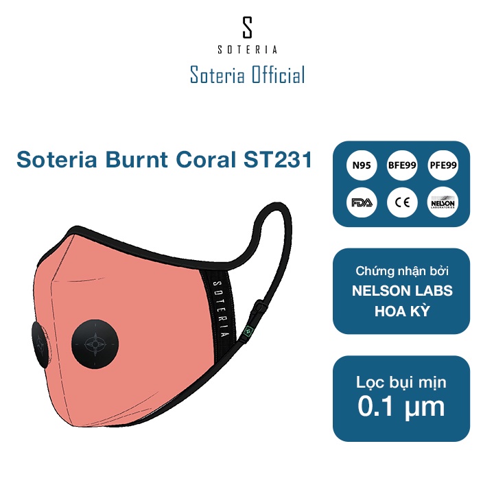 Khẩu trang tiêu chuẩn Quốc Tế SOTERIA Burnt Coral ST231 - Bộ lọc N95 BFE PFE 99 lọc đến 99% bụi mịn 0.1 micro-Size S,M,L